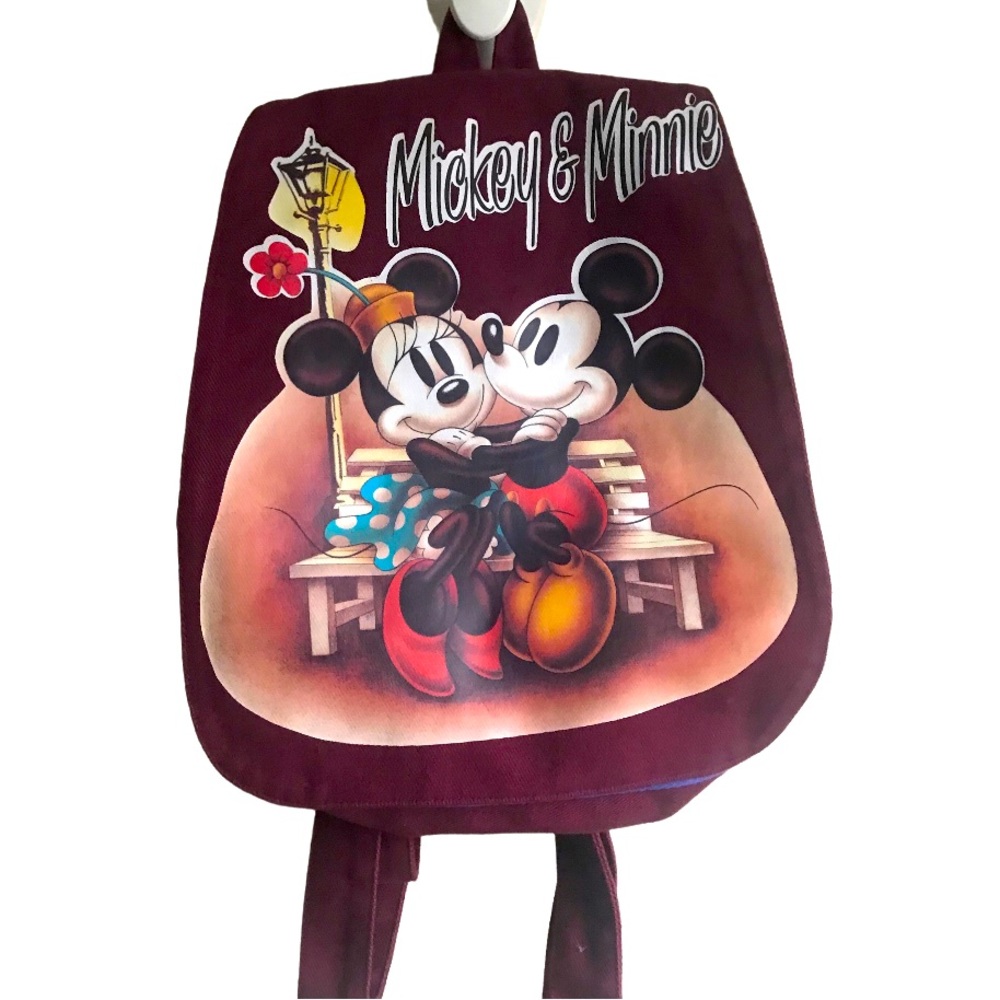 VINTAGE Mickey & Minnie Rare Burgundy Canvas Flap Over Backpack
